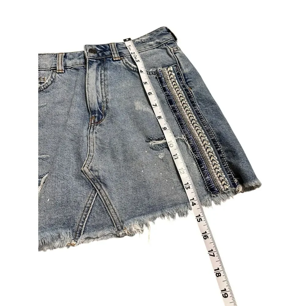 Free People Denim Mini Skirt Beaded Embellished Size 0 Raw Hem - Picture 7 of 9